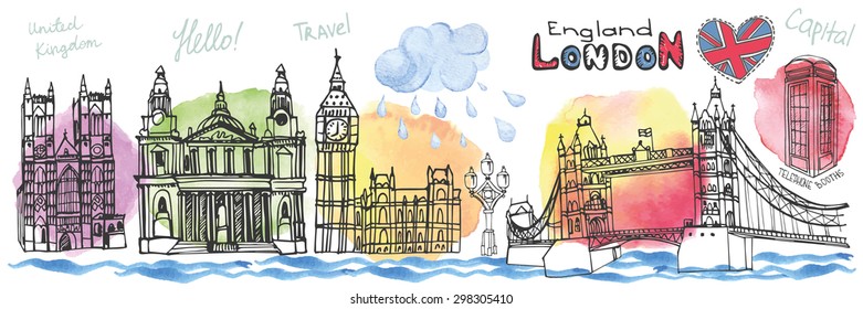 Vector  London landmark panorama,city skyline.Watercolor texture stein.Doodle Hand drawn  sketchy.Famous architectural monuments ,sign,symbols. England vintage icons , background