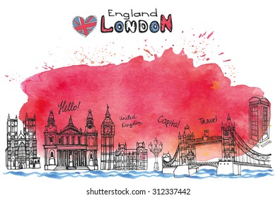 Vector London landmark panorama,city skyline.Watercolor red splash.Doodle Hand drawn  sketchy.Famous architectural monuments ,sign,symbols. England vintage icons , background