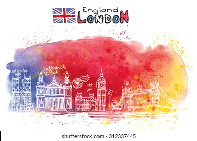 Vector London landmark panorama,city skyline.Watercolor colored splash.Doodle Hand drawn  sketchy.Famous architectural monuments ,sign,symbols. England vintage icons , background