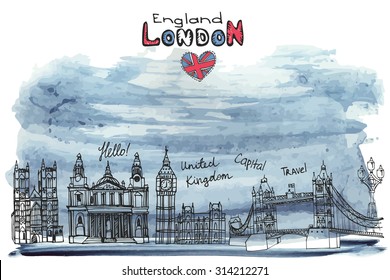 Vector London landmark panorama,city skyline.Watercolor ink texture splash.Doodle Hand drawn  sketchy.Famous architectural monuments ,sign,symbols.England vintage icons,background