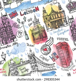 Vector London landmark seamless pattern.Vector London Watercolor splash .Doodle Hand drawn sketchy, lettering.London Famous architectural monuments ,symbols. England vintage icons,textured background