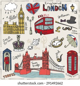 Vector  London landmark,symbols, lettering.Doodle Hand drawn sketchy.Famous architectural monuments ,sign,symbols , icons. Big Ben, Tower bridge.England vintage icons , background