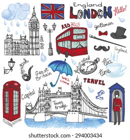 Vector London landmark,symbols, lettering.Hand drawn doodle sketchy.Famous architectural monuments ,sign,symbols , icons. Watercolor elements,scrapbooking. England vintage icons,travel background