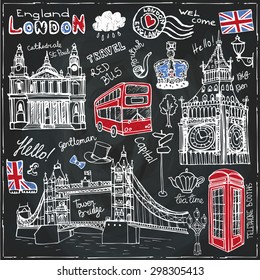 Vector  London landmark,symbols, lettering.Hand drawn doodle sketchy chalkboard.Famous architectural monuments ,sign,symbols , icons. England vintage icons , background