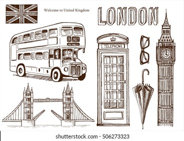 Vector London Landmark,symbols, Lettering.Hand Drawn Doodle Sketchy.Famous Architectural Monuments ,sign,symbols , Icons. 