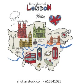 Vector  London map landmark, lettering.Hand drawn doodle sketchy.Famous architectural monuments ,sign,symbols. England vintage icons , background