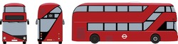 Vector London Red Bus In Front, Rear And Side View, New Style Red Bus With White Background, True-to-scale, Realistic Painting Method