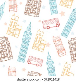 Vector London Streets Colorful Seamless Pattern With Big Ben Tower, Double Decker Bus, Houses and Stars.