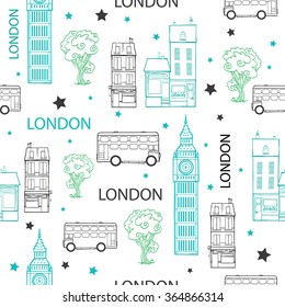 Vector London Streets Hand Drawn Seamless Pattern with houses, trees, busses and Big Ben tower.