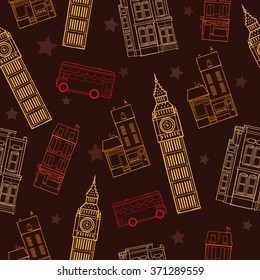 Vector London Symbols Brown Seamless Pattern With Big Ben Tower, Double Decker Bus, Houses and Stars.