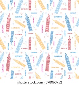 Vector London Symbols Colorful Seamless Pattern With Big Ben Tower, Hearts and Words. Prefect for travel themed backgrounds, cards, packaging, wallpaper.