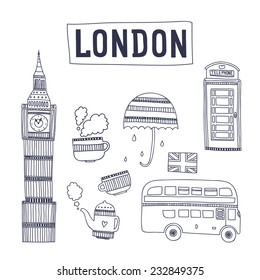 Vector London tourism attractions and symbols isolated on white background. Big ben, bus, tea, cup, flag, telephone and  umbrella.