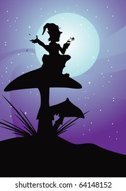 vector of lonely elf picking petals  on toadstool