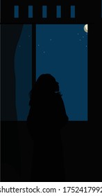 Vector a lonely girl stares out the window at the night view, illustrations, wallpaper and image