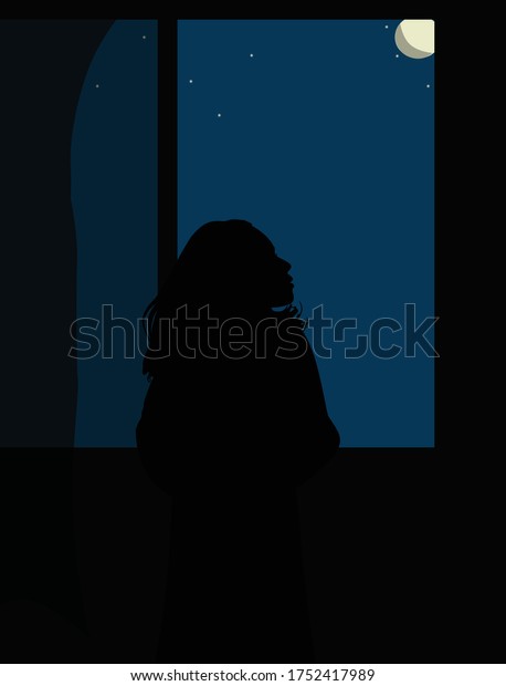 一人の女の子が夜景 イラスト 壁紙 画像の窓から覗き込むのをベクター画像で見る のベクター画像素材 ロイヤリティフリー