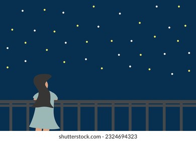 Vector of lonely girl or woman miss love couple boyfriend look , watch and see or seeing night sky view with star frame wallpaper valentine day love concept.