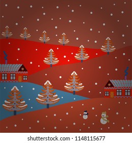 Vector. Lonely house on a hill. Cloudy winter landscape. Winter. Mountain landscape. Christmas illustration on orange, pink and red colors.