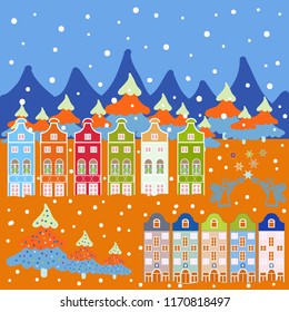 Vector. Lonely house on a hill. Christmas illustration on blue, orange and white colors. Winter. Cloudy winter landscape. Mountain landscape.
