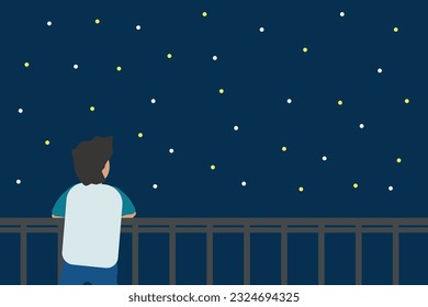 Vector of lonely man or boy miss love couple girlfriend watch , seeing or see night sky view with star frame wallpaper or background valentine day love concept.