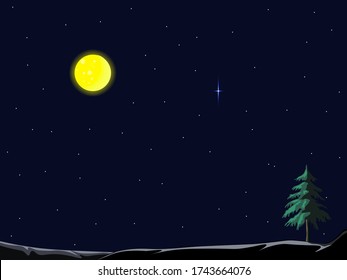 vector lonely tree on a background of starry sky and the beautiful moon