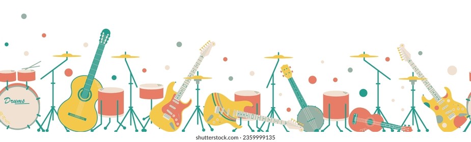 Vector long banner with musical instruments. Rock band includs drum, cimbals, electric guitars or amps, banjo, ukulele. 3D Illustration