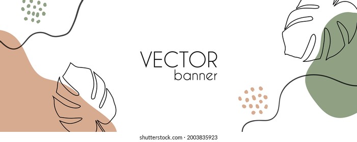 Vector long banner with organic shapes and tropical leaves. Trendy minimal abstract background for social media design. Place for text