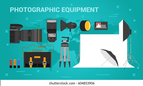 Vector long banner of photographic equipment. Photo camera, photographic accessories, lighting for studio in flat style on green background