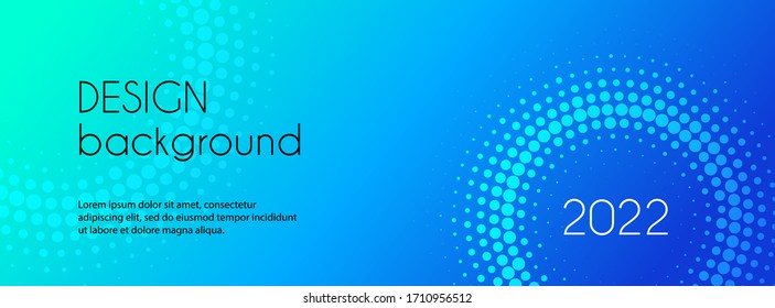 Plantilla de banner largo vectorial. Fondo de degradado azul abstracto con círculos de semitonos y texto