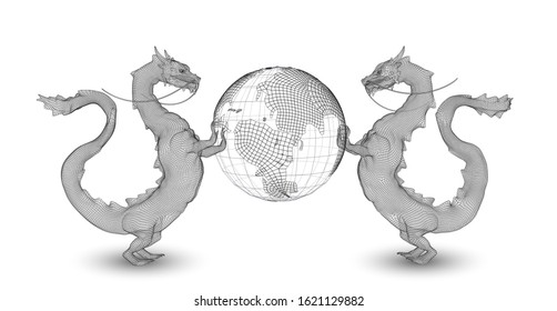 vector long dragon snake isolated on white background in 3d polygon style