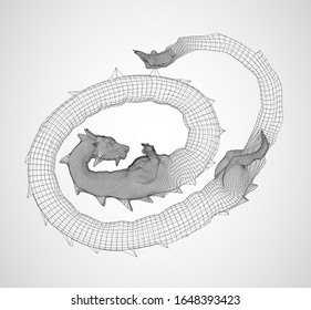 vector long dragon snake isolated on white background in 3d polygon style