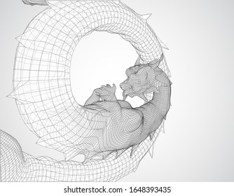 vector long dragon snake isolated on white background in 3d polygon style