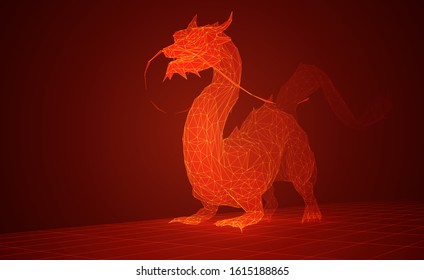 vector long dragon snake on red background in 3d polygon style