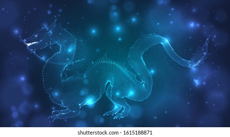 vector long dragon snake on a deep dark blue background in square 3D polygon style