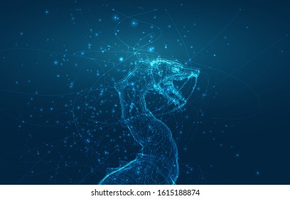 vector long dragon snake on a deep dark blue background in the style of magic glowing threads
