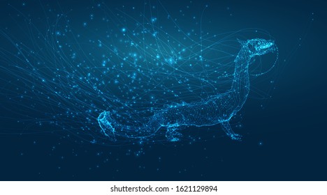 vector long dragon snake on a deep dark blue background in the style of magic glowing threads
