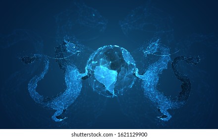 vector long dragon snake on a deep dark blue background in the style of triangular polygons and glowing crystals
