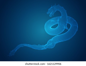 vector long dragon snake on a deep dark blue background in square 3D polygon style