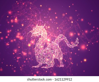 vector long dragon snake on a pink background in the style of triangular crystals with a glow