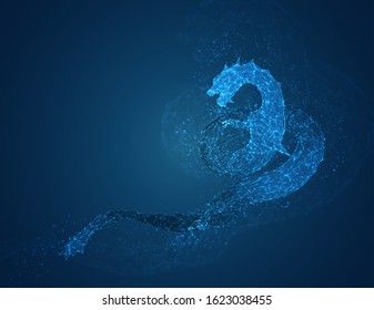 vector long dragon snake on a deep dark blue background in the style of triangular polygons and glowing crystals