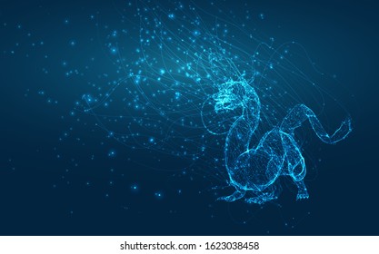 vector long dragon snake on a deep dark blue background in the style of magic glowing threads
