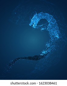 vector long dragon snake on a deep dark blue background in the style of triangular polygons and glowing crystals