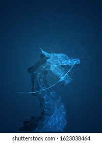 vector long dragon snake on a deep dark blue background in the style of triangular polygons and glowing crystals