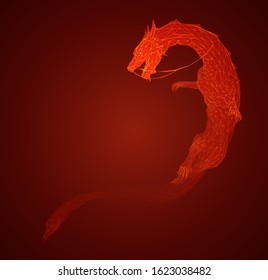 vector long dragon snake on red background in 3d polygon style