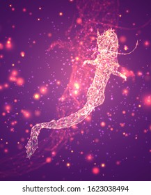 vector long dragon snake on a pink background in the style of triangular crystals with a glow