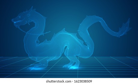 vector long dragon snake on a deep dark blue background in square 3D polygon style