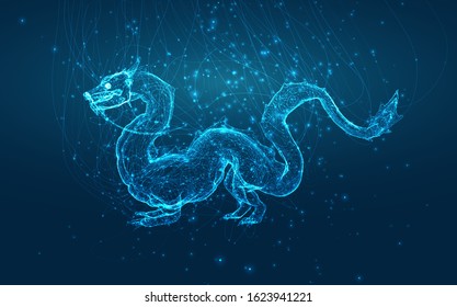 vector long dragon snake on a deep dark blue background in the style of magic glowing threads
