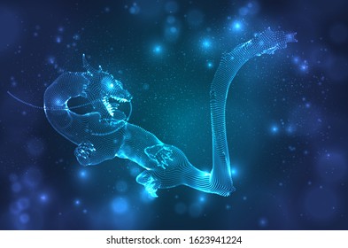 vector long dragon snake on a deep dark blue background in square 3D polygon style