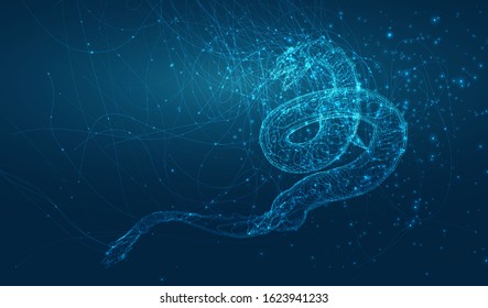 vector long dragon snake on a deep dark blue background in the style of magic glowing threads
