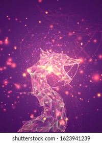 vector long dragon snake on a pink background in the style of triangular crystals with a glow