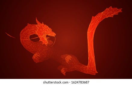 vector long dragon snake on red background in 3d polygon style